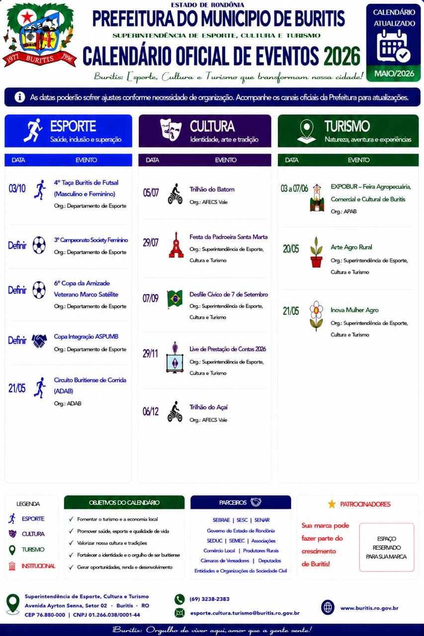Calendário Oficial de Eventos 2026 - Superintendência de Esporte, Cultura e Turismo